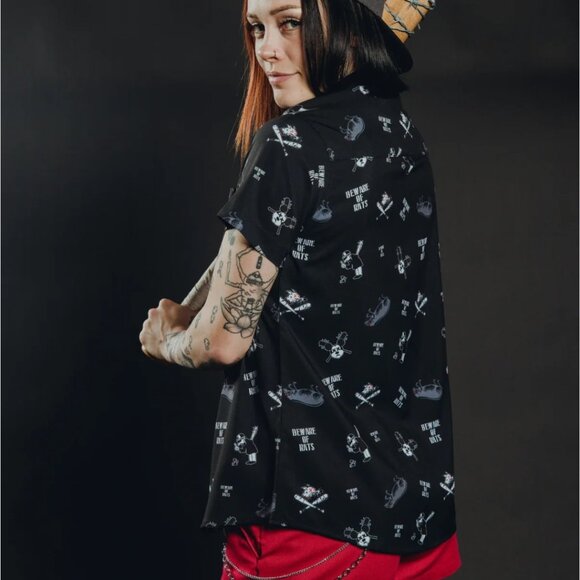 Dixxon Beware Short Sleeve Party Shirt Womens Size M Mickey Mouse Rats Black NEW - Picture 1 of 7
